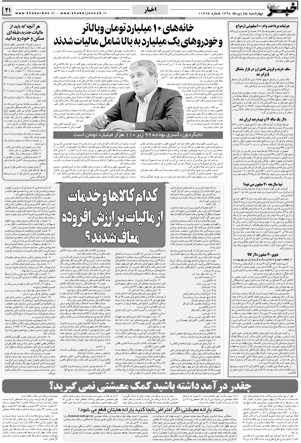 مشاهده صفحه ۲۱ روزنامه خبرجنوب تاریخ ۲۵ دی سال ۱۳۹۸