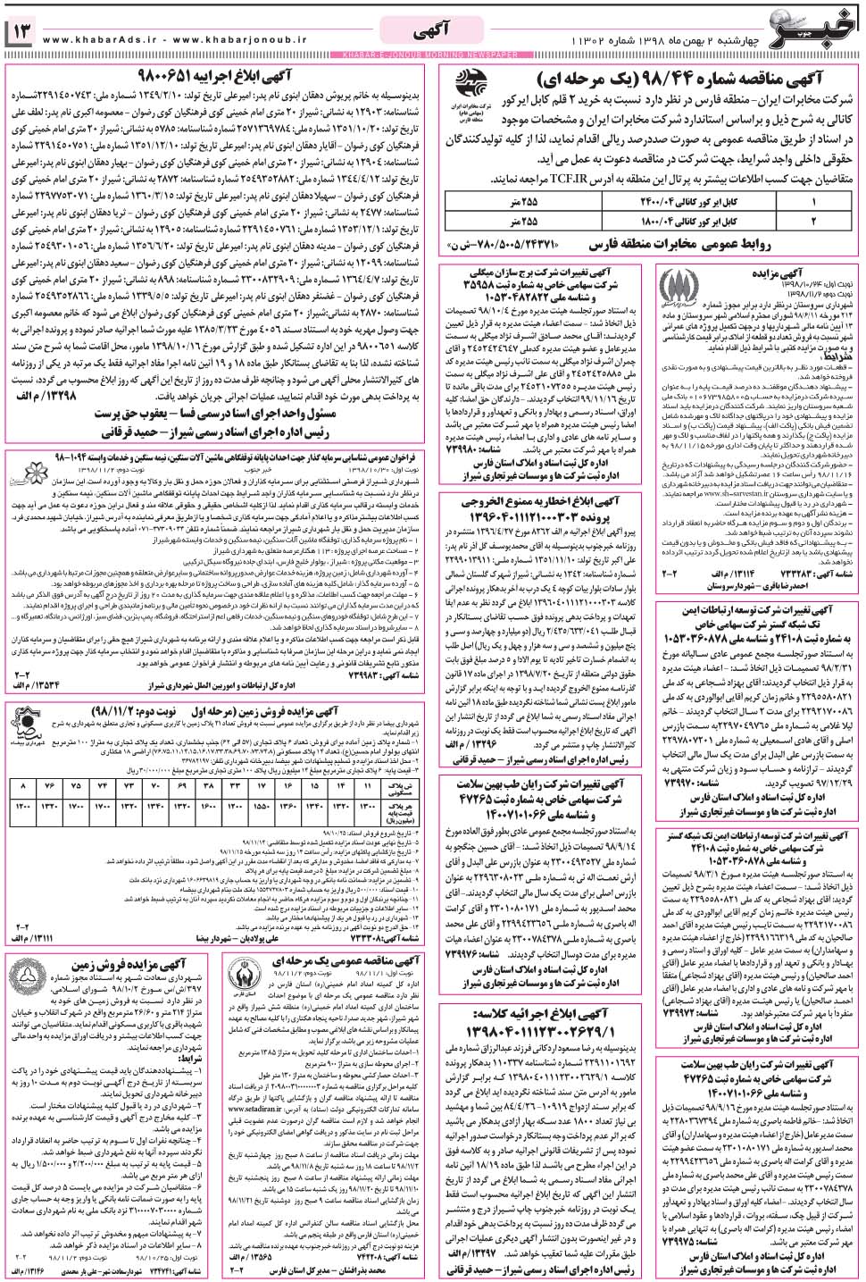 مشاهده صفحه ۱۳ روزنامه خبرجنوب تاریخ ۲ بهمن سال ۱۳۹۸