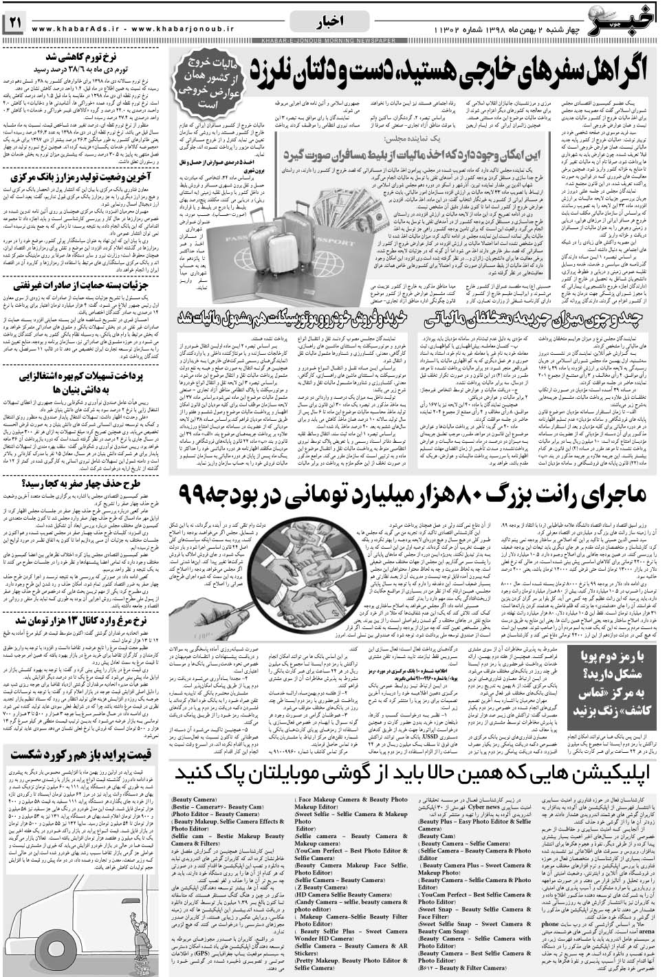مشاهده صفحه ۲۱ روزنامه خبرجنوب تاریخ ۲ بهمن سال ۱۳۹۸