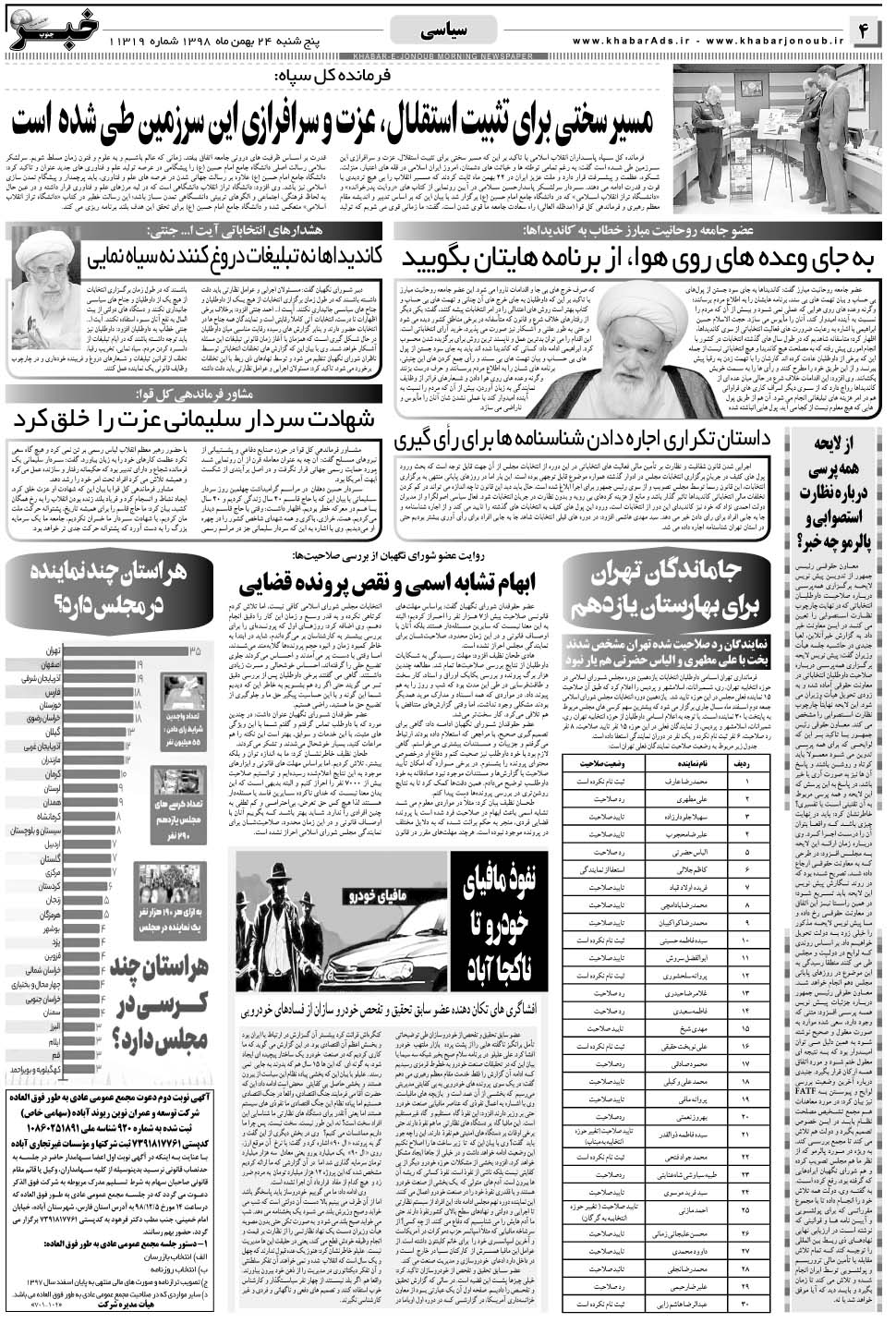 مشاهده صفحه ۴ روزنامه خبرجنوب تاریخ ۲۴ بهمن سال ۱۳۹۸