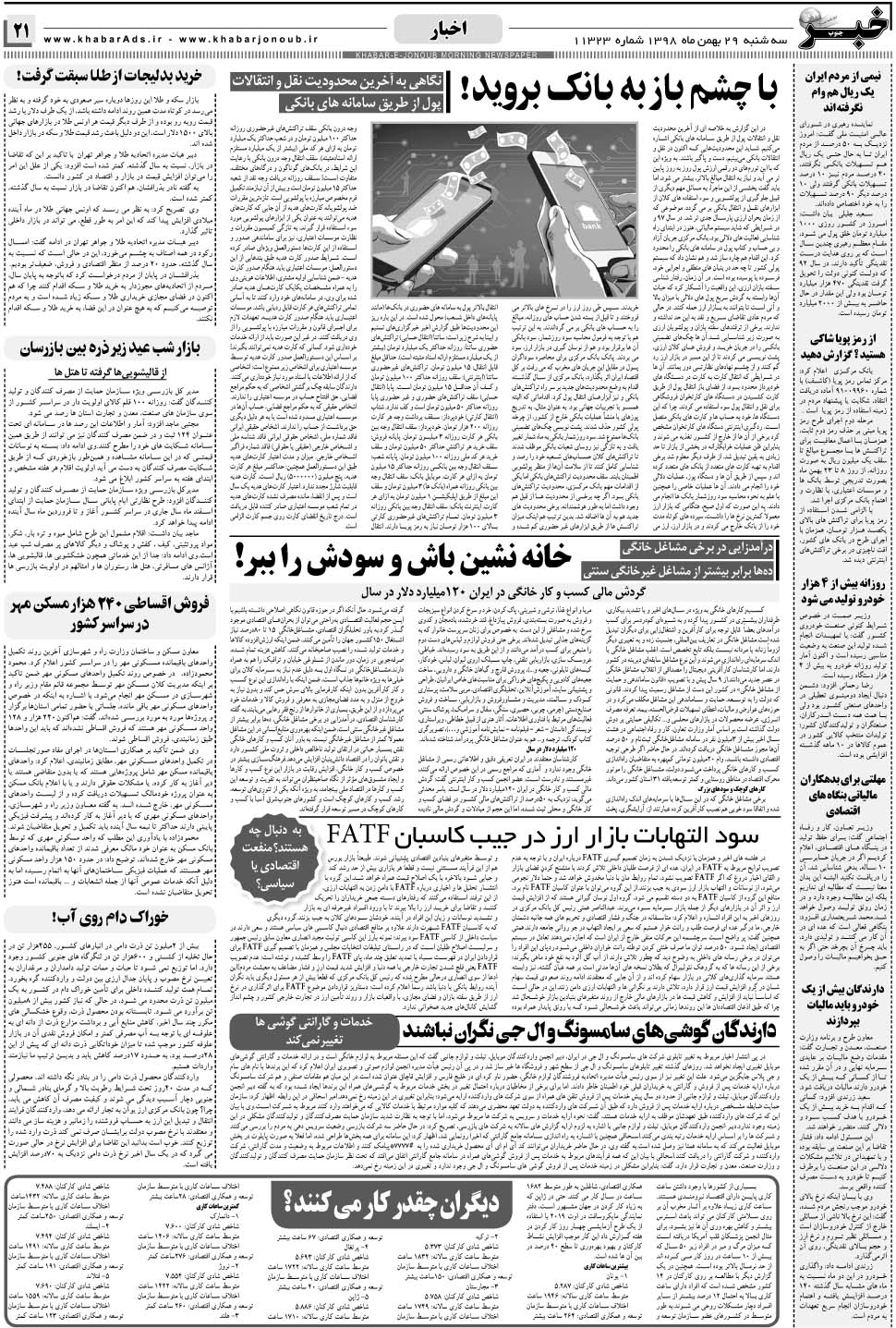 مشاهده صفحه ۲۱ روزنامه خبرجنوب تاریخ ۲۹ بهمن سال ۱۳۹۸