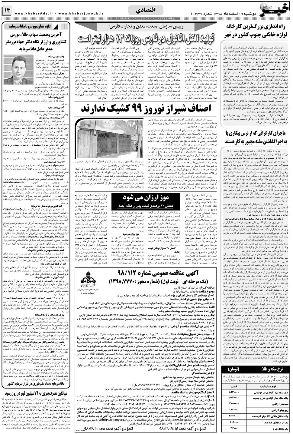 مشاهده صفحه ۱۳ روزنامه خبرجنوب تاریخ ۱۹ اسفند سال ۱۳۹۸