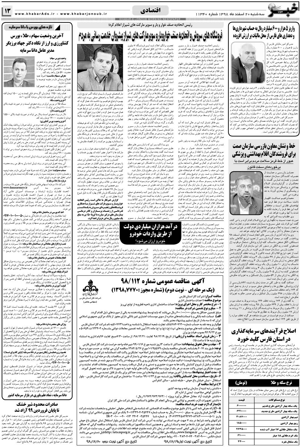 مشاهده صفحه ۱۳ روزنامه خبرجنوب تاریخ ۲۰ اسفند سال ۱۳۹۸