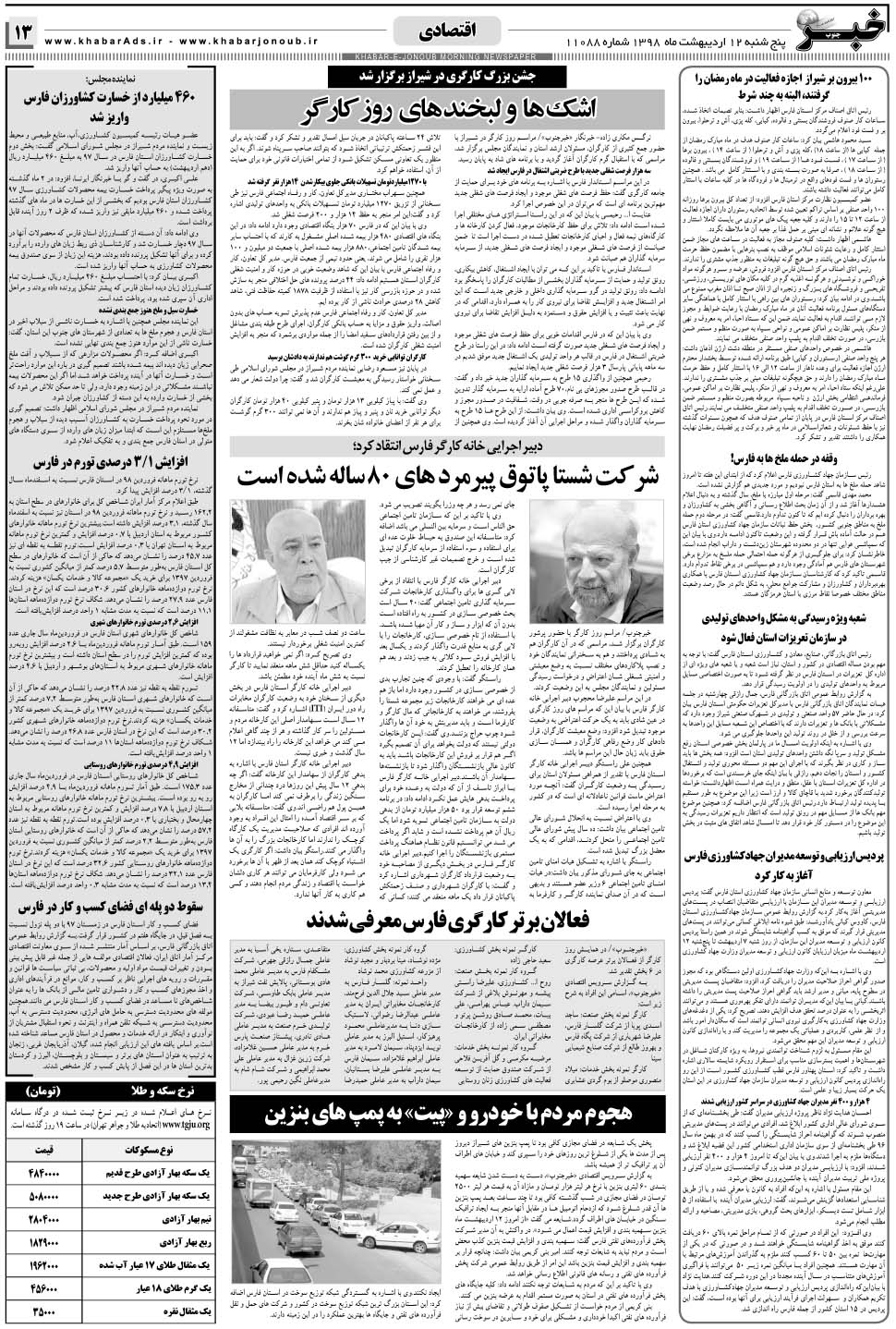 مشاهده صفحه ۱۳ روزنامه خبرجنوب تاریخ ۱۲  سال ۱۳۹۸