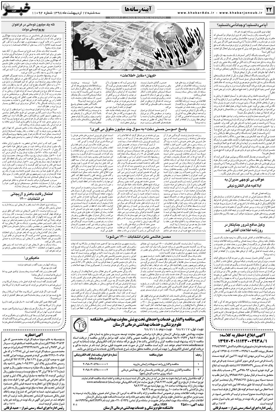 مشاهده صفحه ۲۲ روزنامه خبرجنوب تاریخ ۱۷  سال ۱۳۹۸