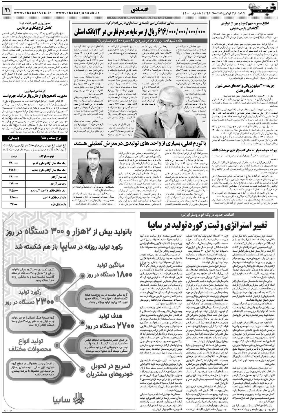 مشاهده صفحه ۲۱ روزنامه خبرجنوب تاریخ ۲۸  سال ۱۳۹۸