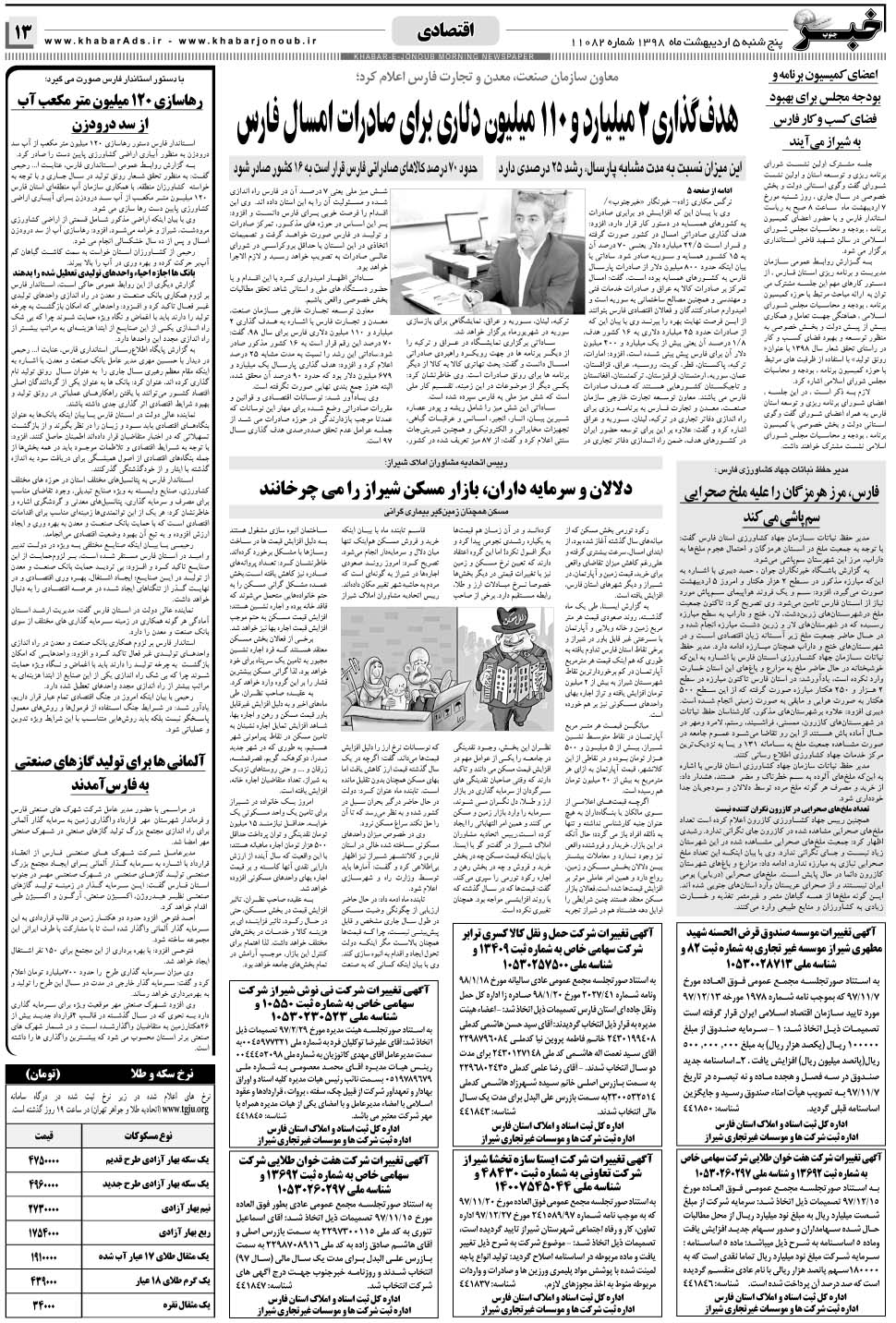 مشاهده صفحه ۱۳ روزنامه خبرجنوب تاریخ ۵  سال ۱۳۹۸