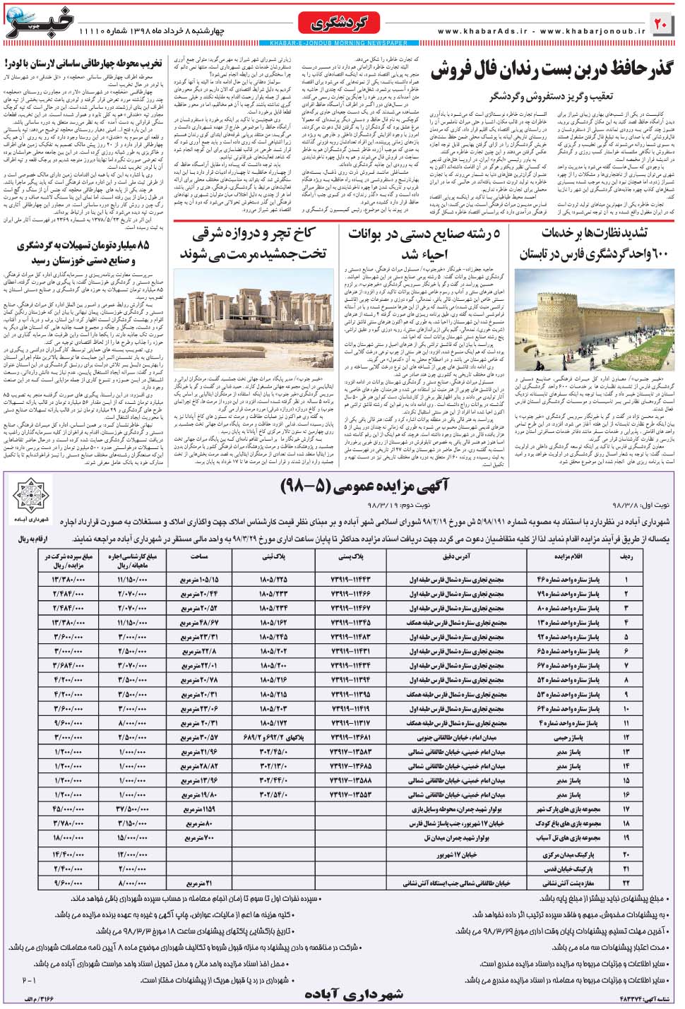 مشاهده صفحه ۲۰ روزنامه خبرجنوب تاریخ ۸  سال ۱۳۹۸