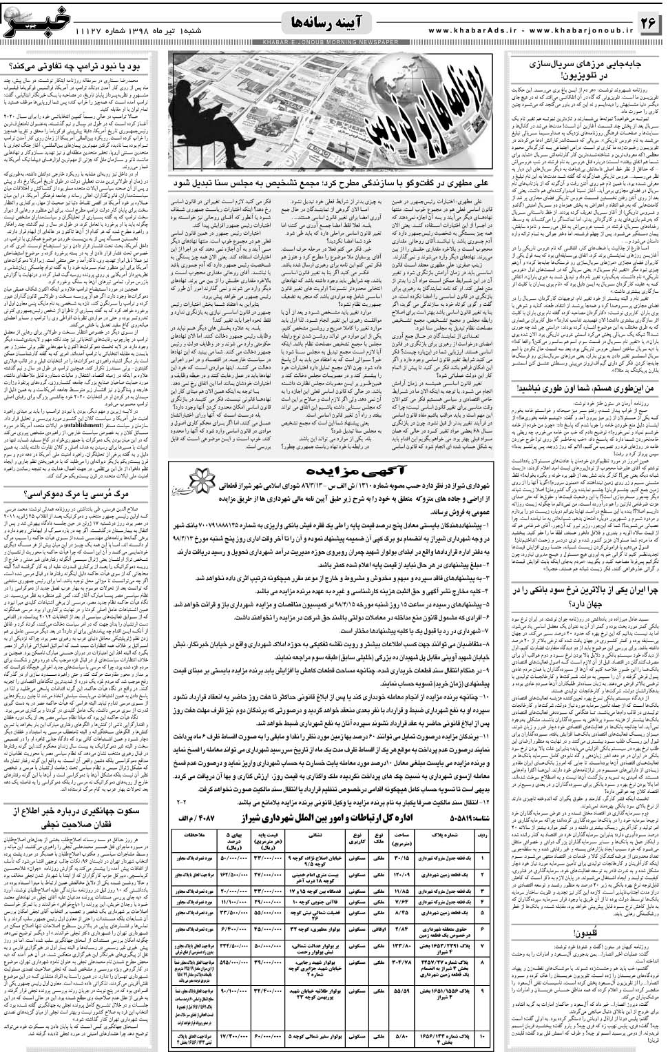 مشاهده صفحه ۲۶ روزنامه خبرجنوب تاریخ ۱  سال ۱۳۹۸