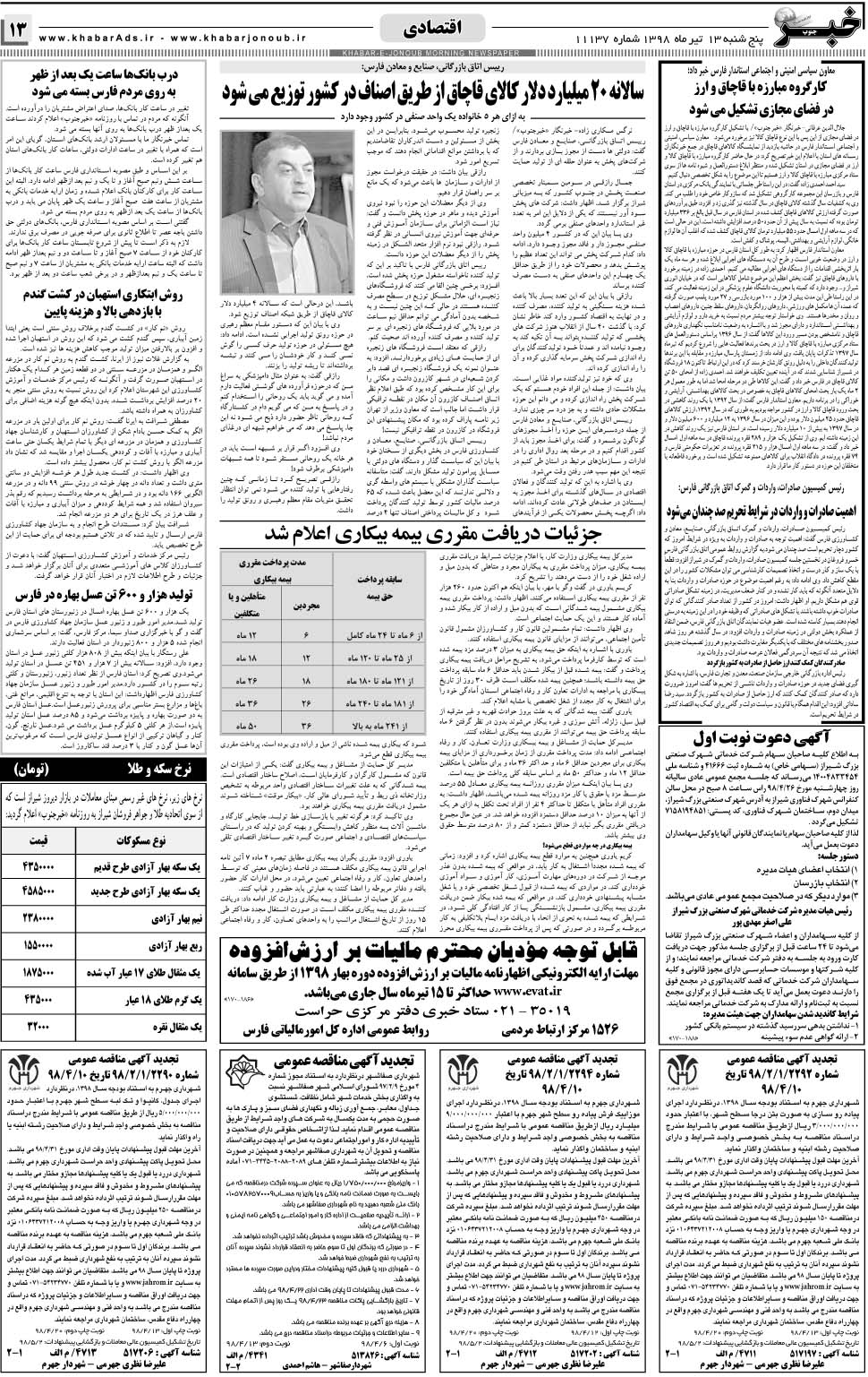 مشاهده صفحه ۱۳ روزنامه خبرجنوب تاریخ ۱۳  سال ۱۳۹۸
