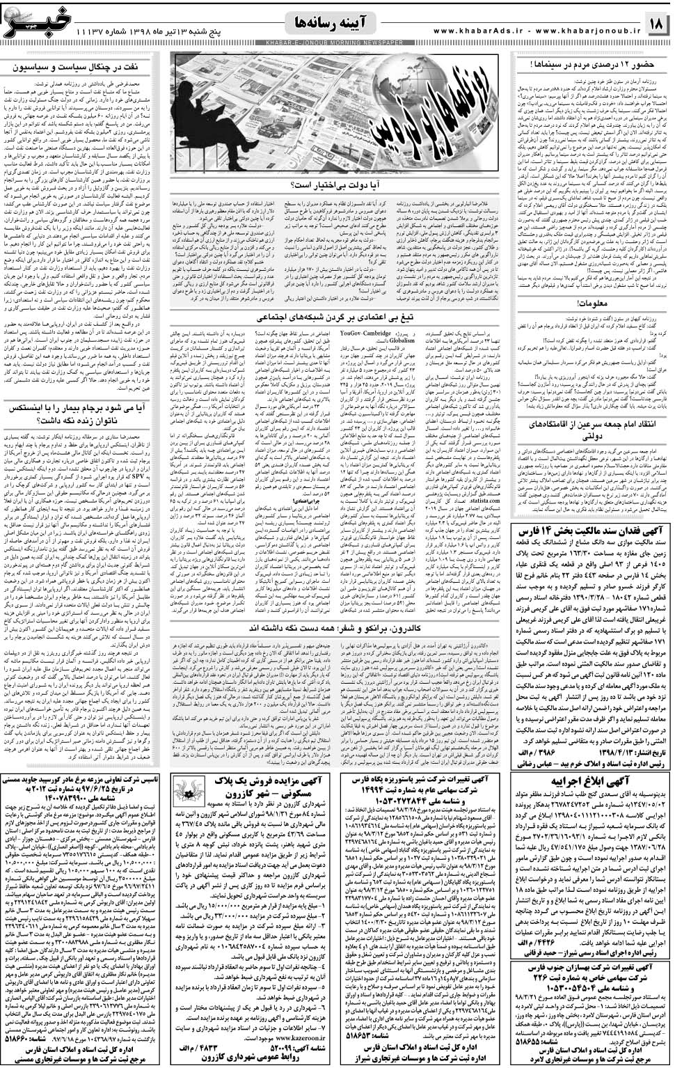 مشاهده صفحه ۱۸ روزنامه خبرجنوب تاریخ ۱۳  سال ۱۳۹۸