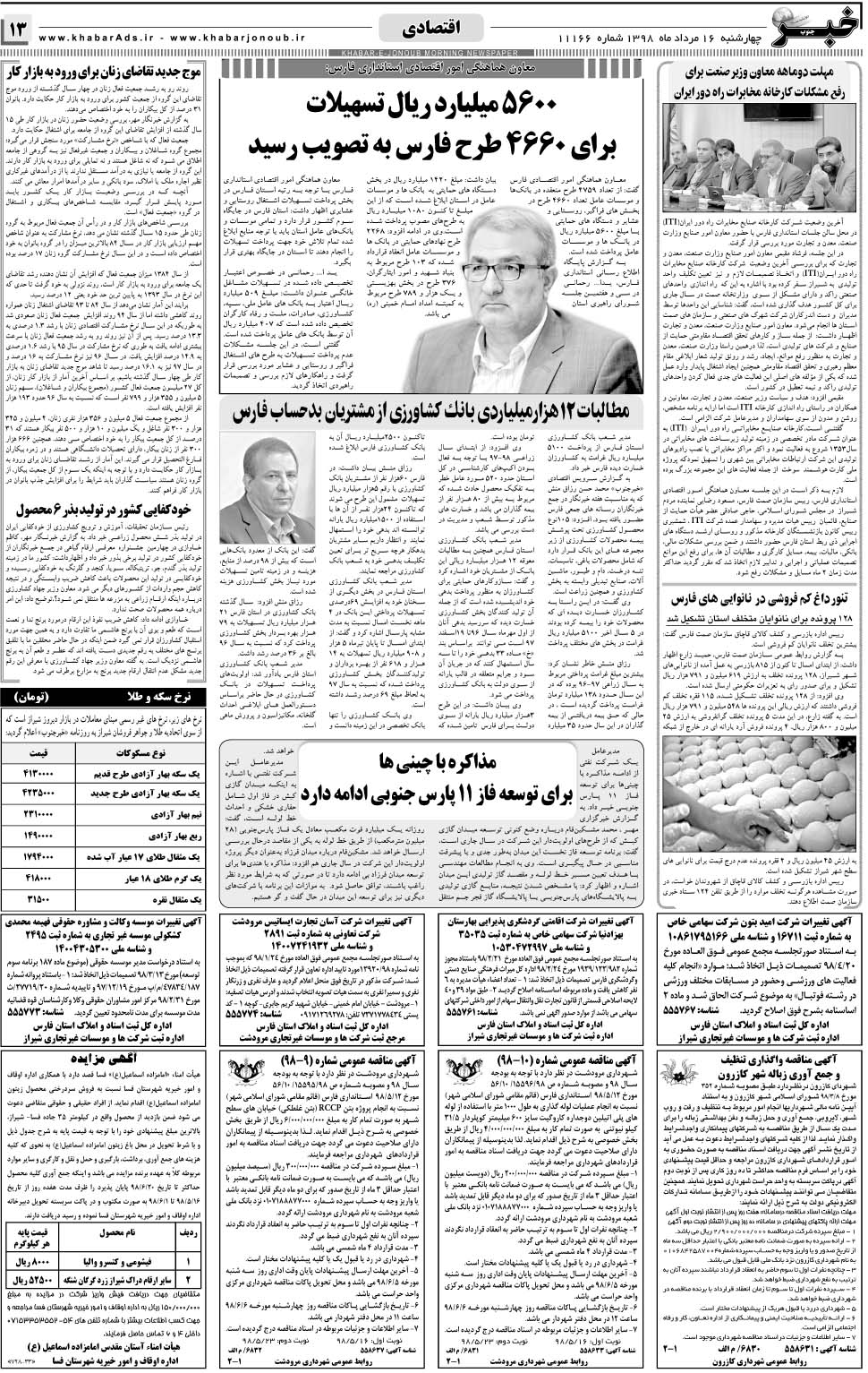 مشاهده صفحه ۱۳ روزنامه خبرجنوب تاریخ ۱۶  سال ۱۳۹۸