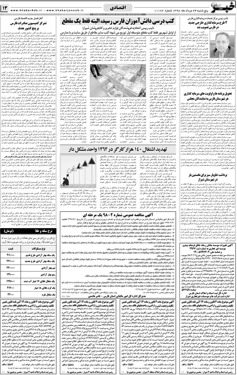 مشاهده صفحه ۱۳ روزنامه خبرجنوب تاریخ ۲۴  سال ۱۳۹۸