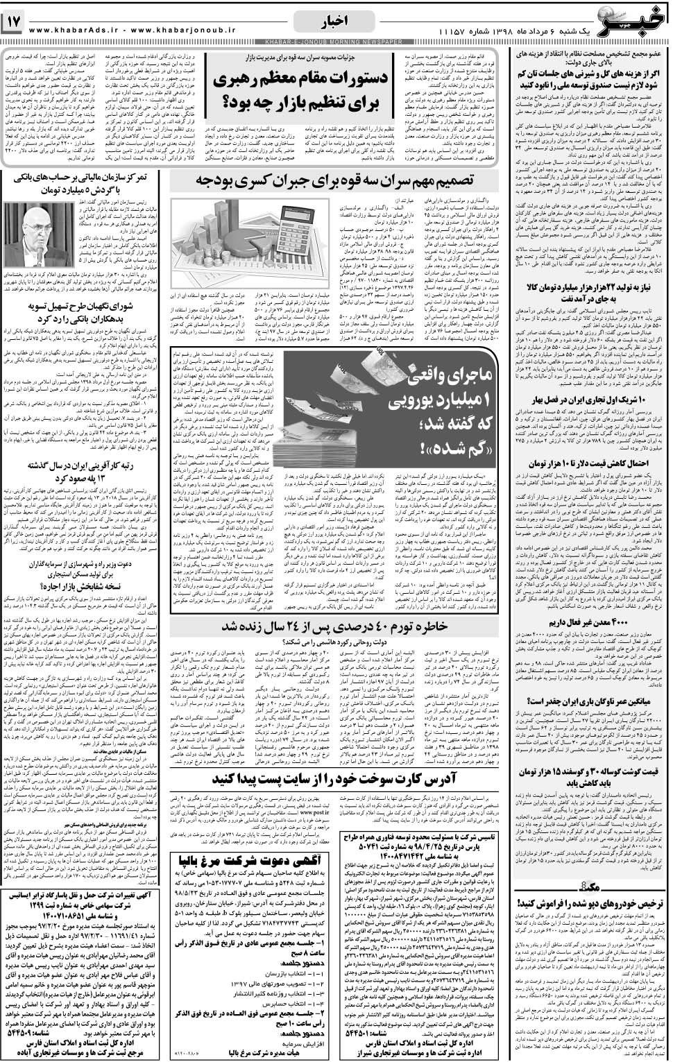 مشاهده صفحه ۱۷ روزنامه خبرجنوب تاریخ ۶  سال ۱۳۹۸