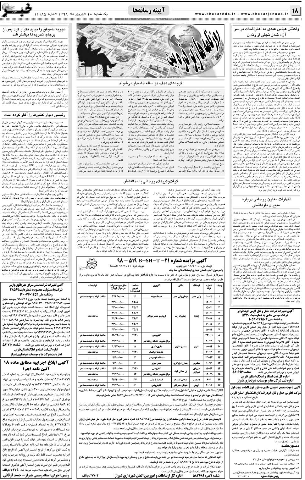 مشاهده صفحه ۱۸ روزنامه خبرجنوب تاریخ ۱۰  سال ۱۳۹۸