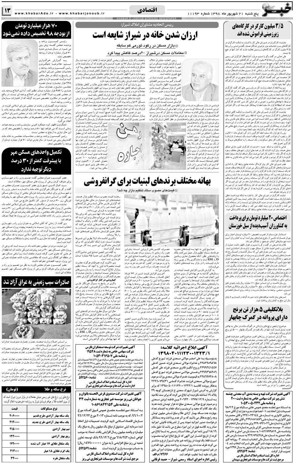 مشاهده صفحه ۱۳ روزنامه خبرجنوب تاریخ ۲۱  سال ۱۳۹۸