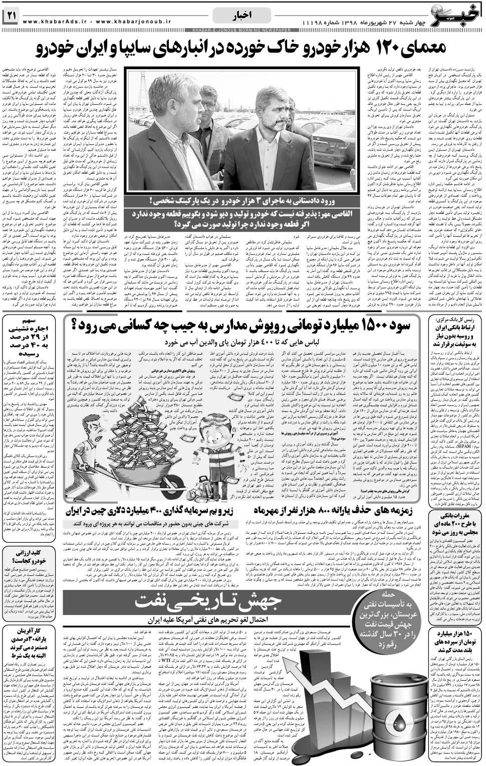 مشاهده صفحه ۲۱ روزنامه خبرجنوب تاریخ ۲۷  سال ۱۳۹۸