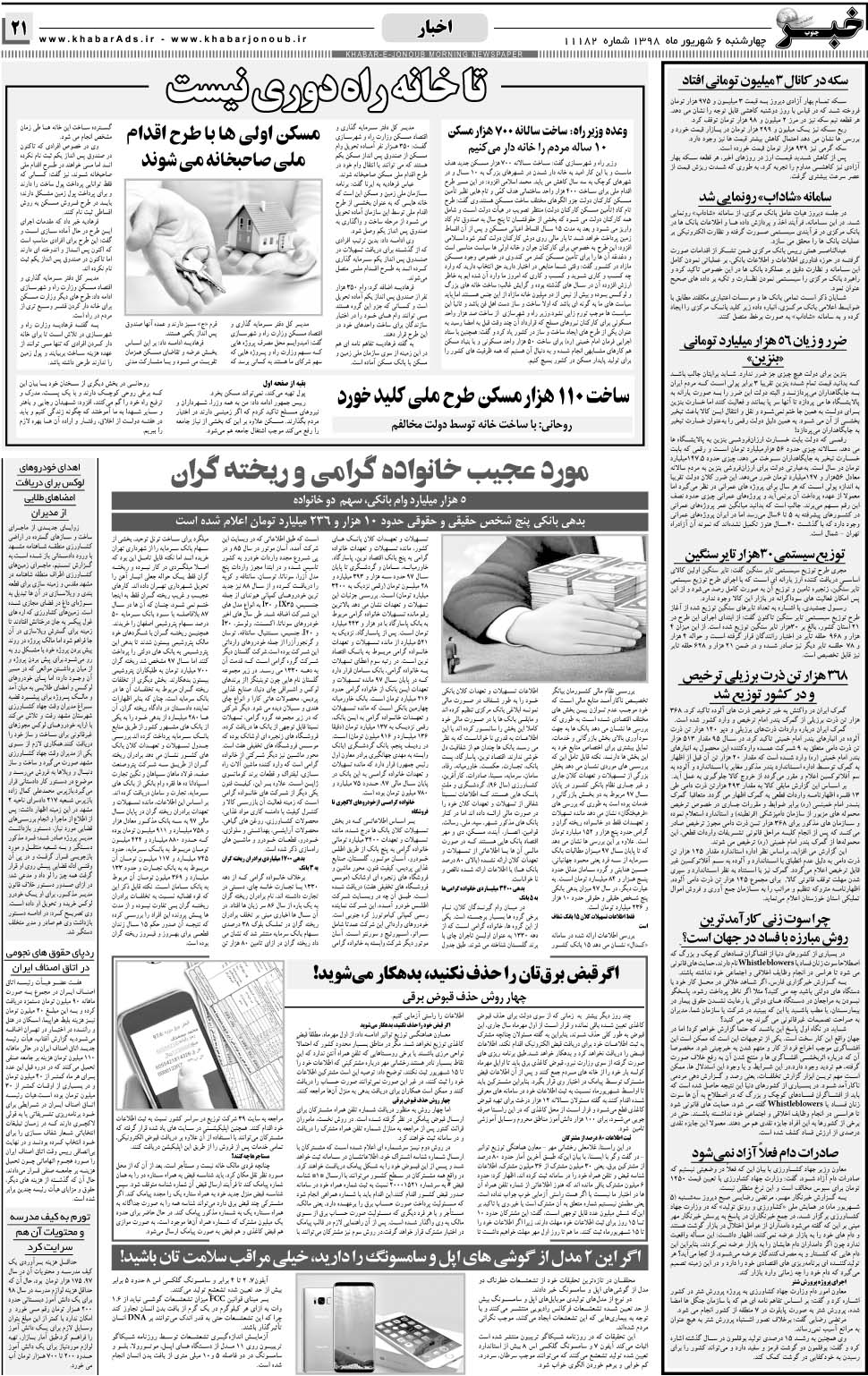 مشاهده صفحه ۲۱ روزنامه خبرجنوب تاریخ ۶  سال ۱۳۹۸