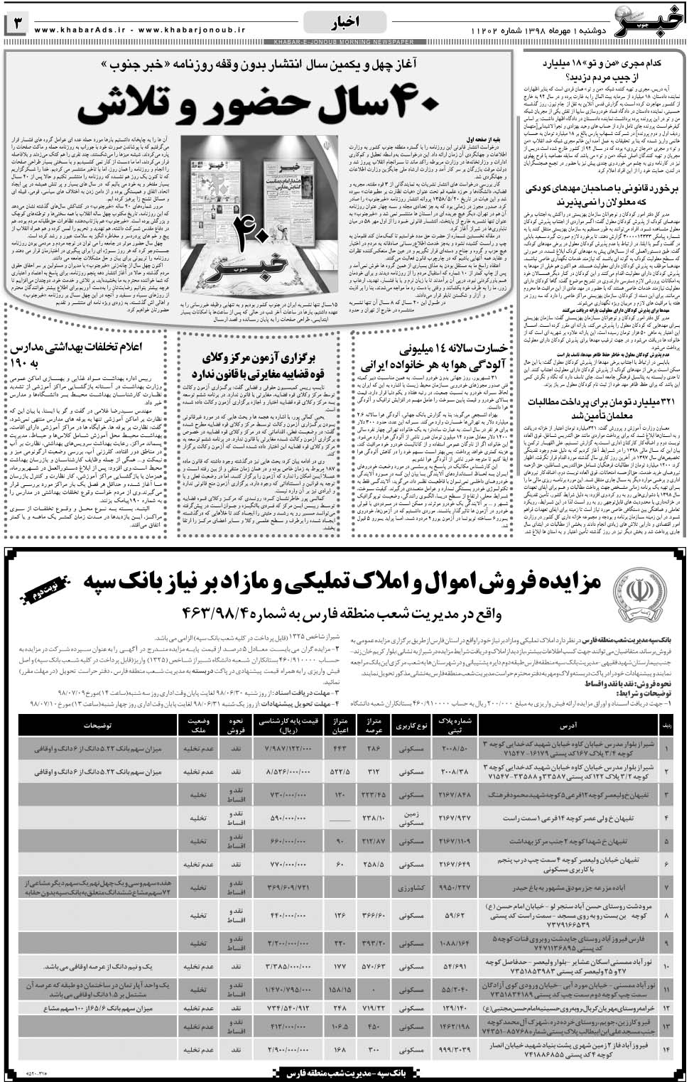 مشاهده صفحه ۳ روزنامه خبرجنوب تاریخ ۱  سال ۱۳۹۸