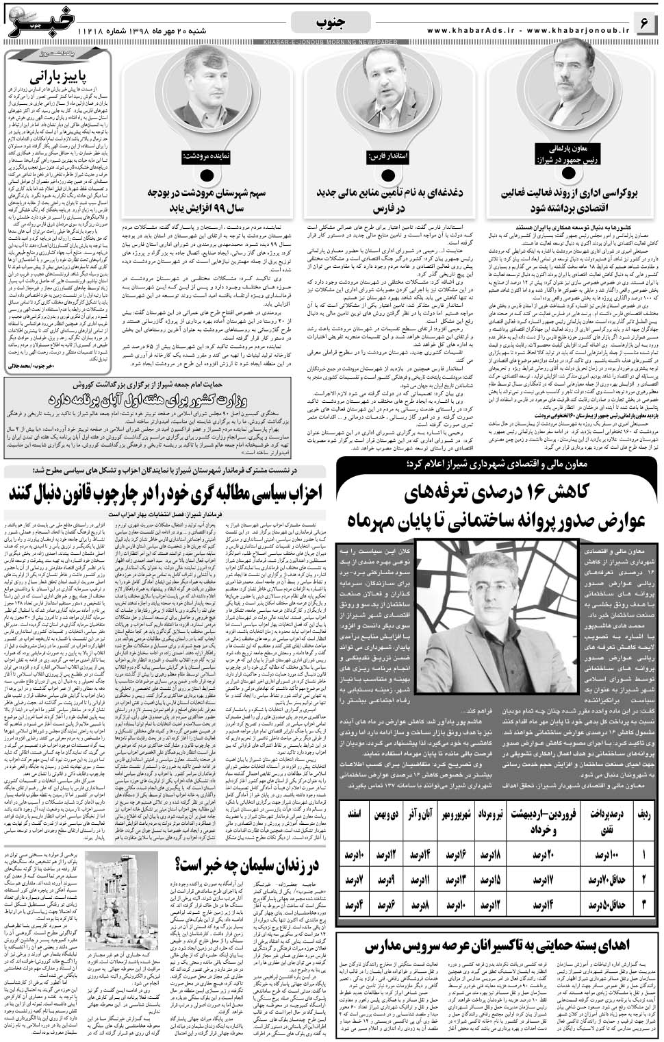 مشاهده صفحه ۶ روزنامه خبرجنوب تاریخ ۲۰  سال ۱۳۹۸