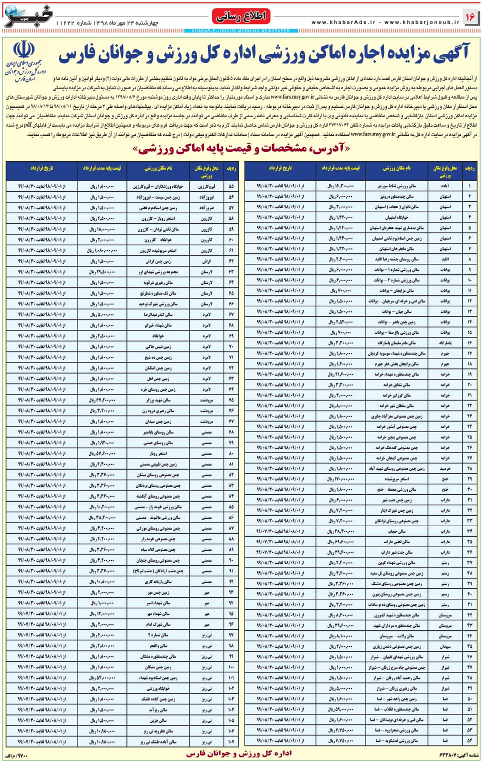 مشاهده صفحه ۱۶ روزنامه خبرجنوب تاریخ ۲۴  سال ۱۳۹۸