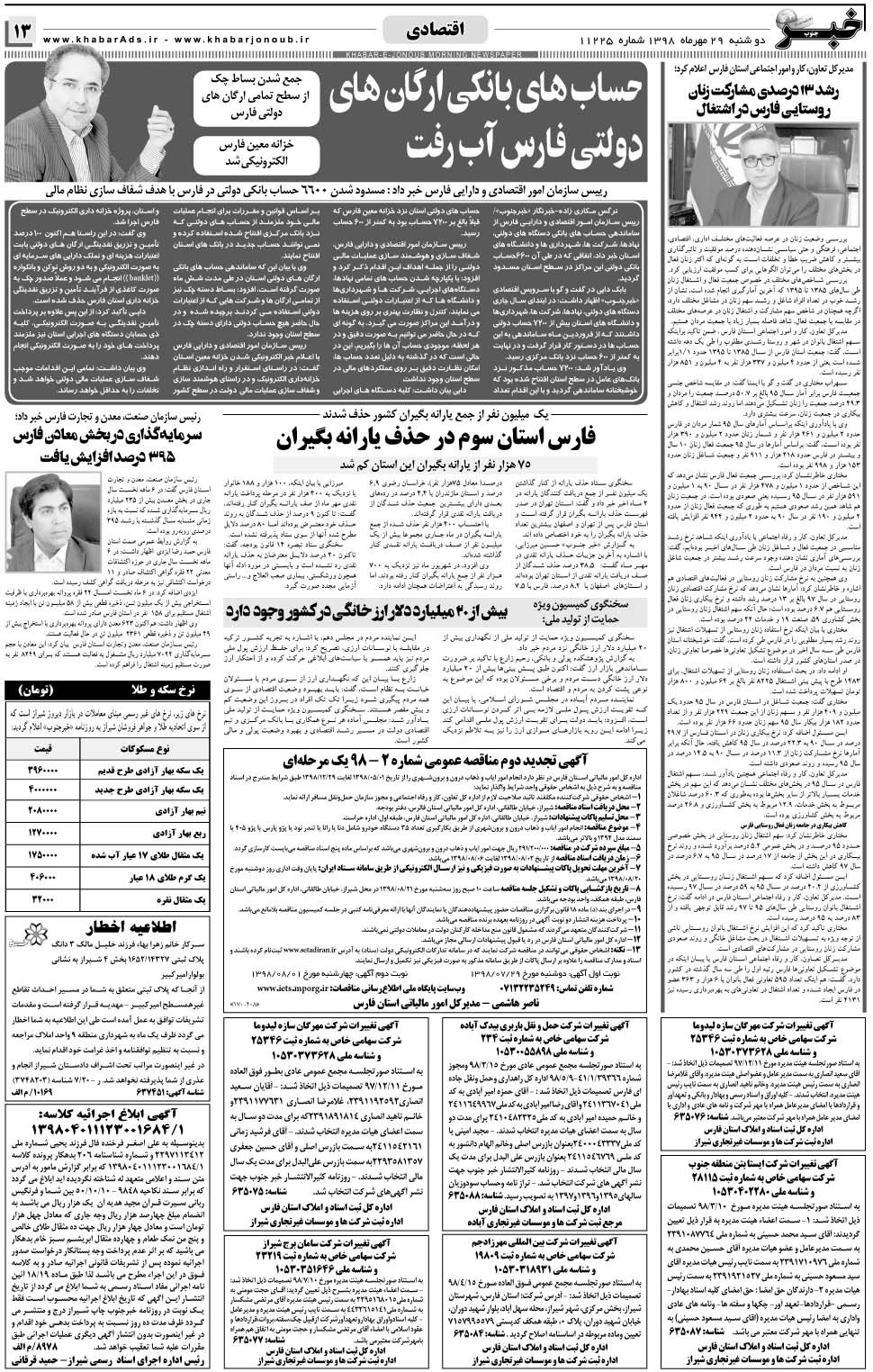 مشاهده صفحه ۱۳ روزنامه خبرجنوب تاریخ ۲۹  سال ۱۳۹۸