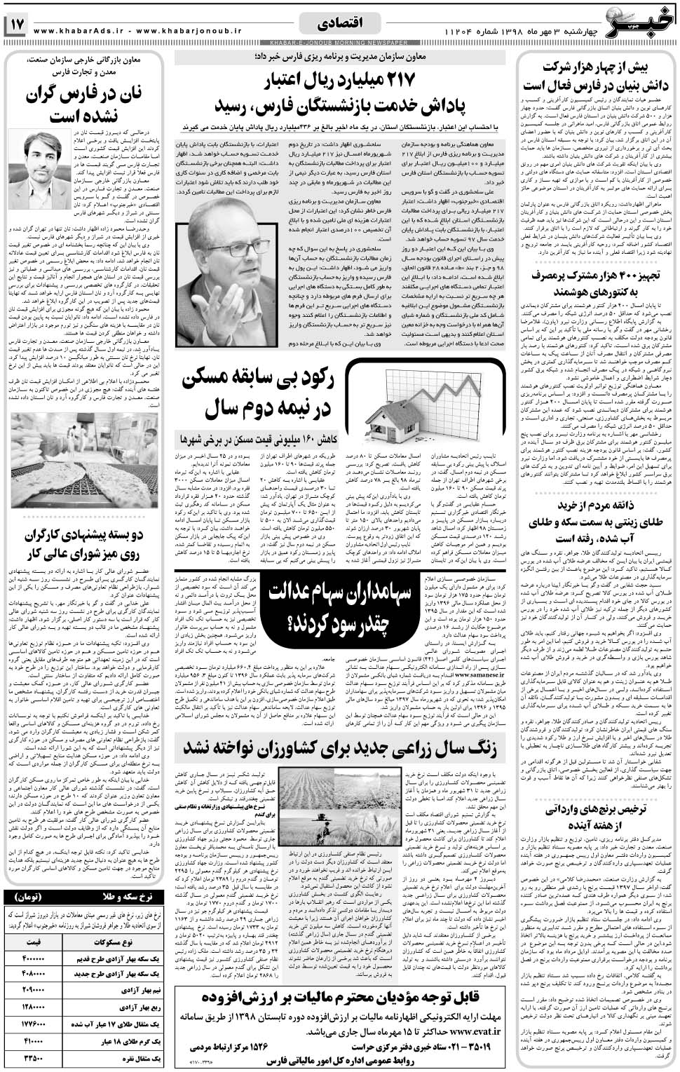 مشاهده صفحه ۱۷ روزنامه خبرجنوب تاریخ ۳  سال ۱۳۹۸