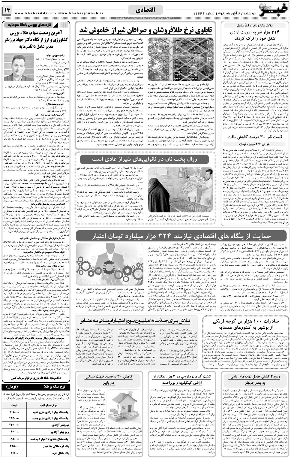 مشاهده صفحه ۱۳ روزنامه خبرجنوب تاریخ ۲۷  سال ۱۳۹۸