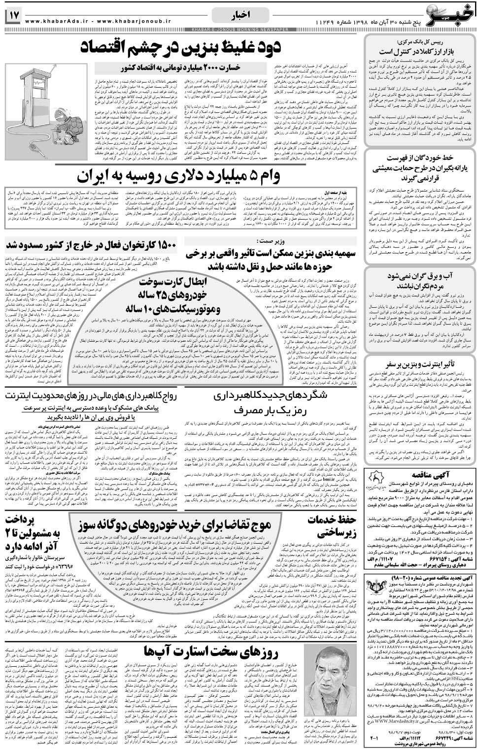 مشاهده صفحه ۱۷ روزنامه خبرجنوب تاریخ ۳۰  سال ۱۳۹۸