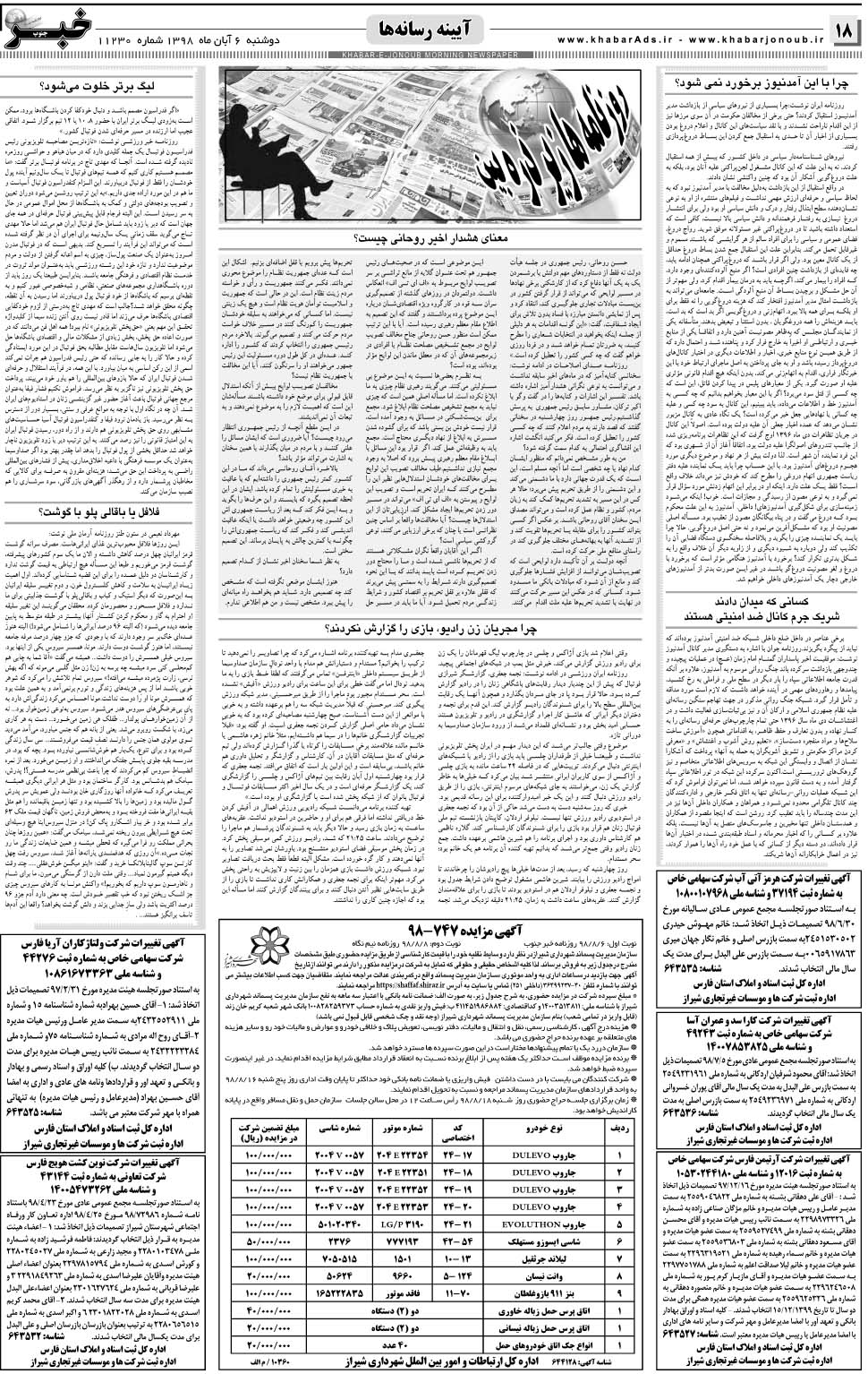 مشاهده صفحه ۱۸ روزنامه خبرجنوب تاریخ ۶  سال ۱۳۹۸
