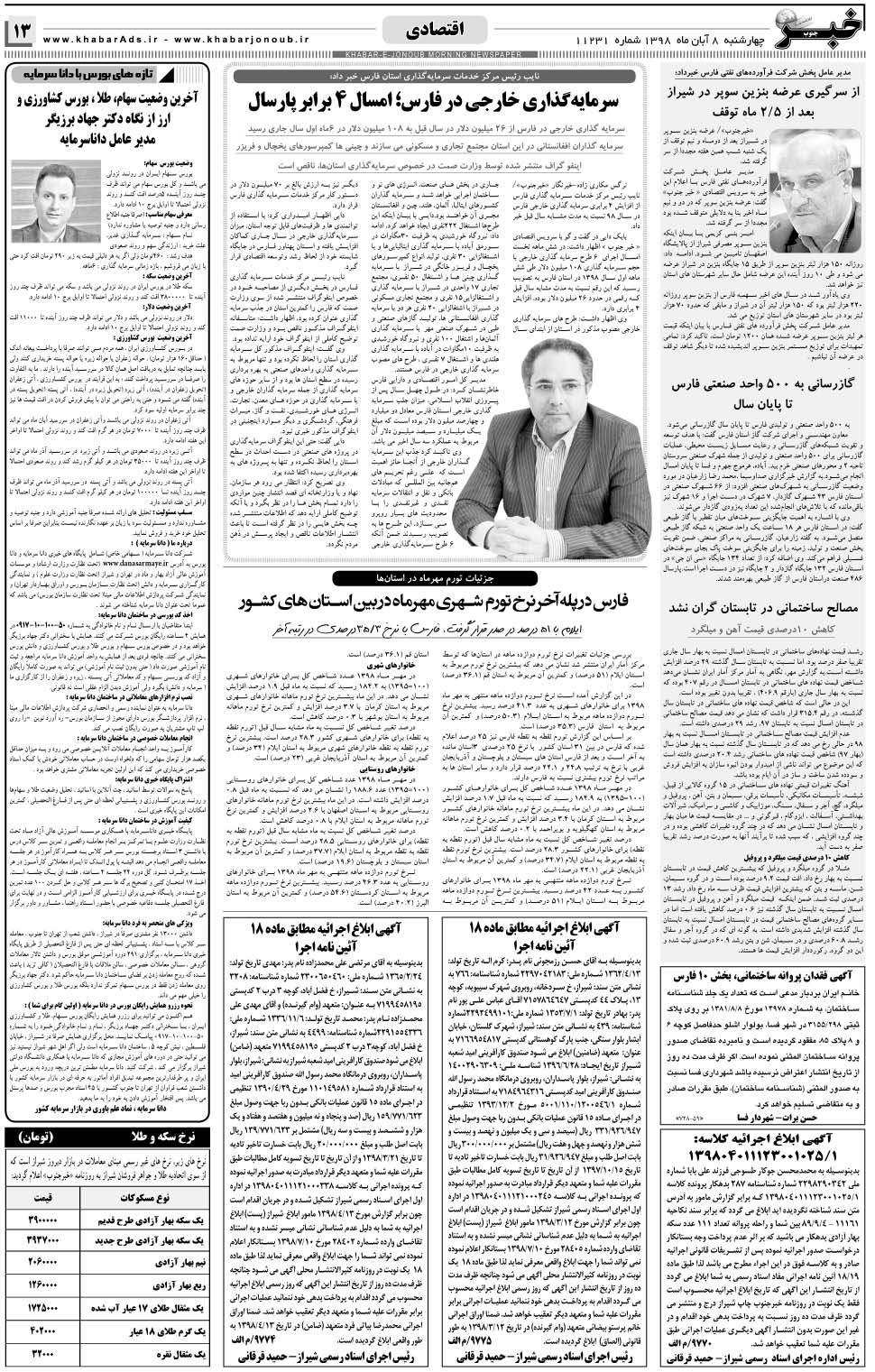 مشاهده صفحه ۱۳ روزنامه خبرجنوب تاریخ ۸  سال ۱۳۹۸
