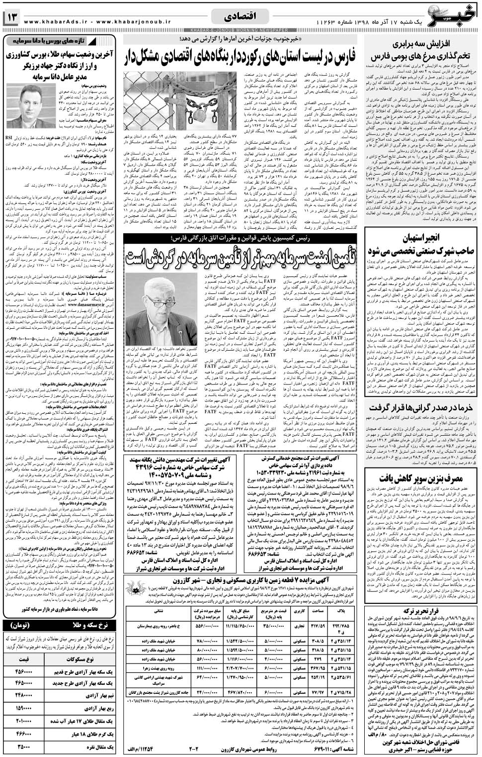 مشاهده صفحه ۱۳ روزنامه خبرجنوب تاریخ ۱۷  سال ۱۳۹۸