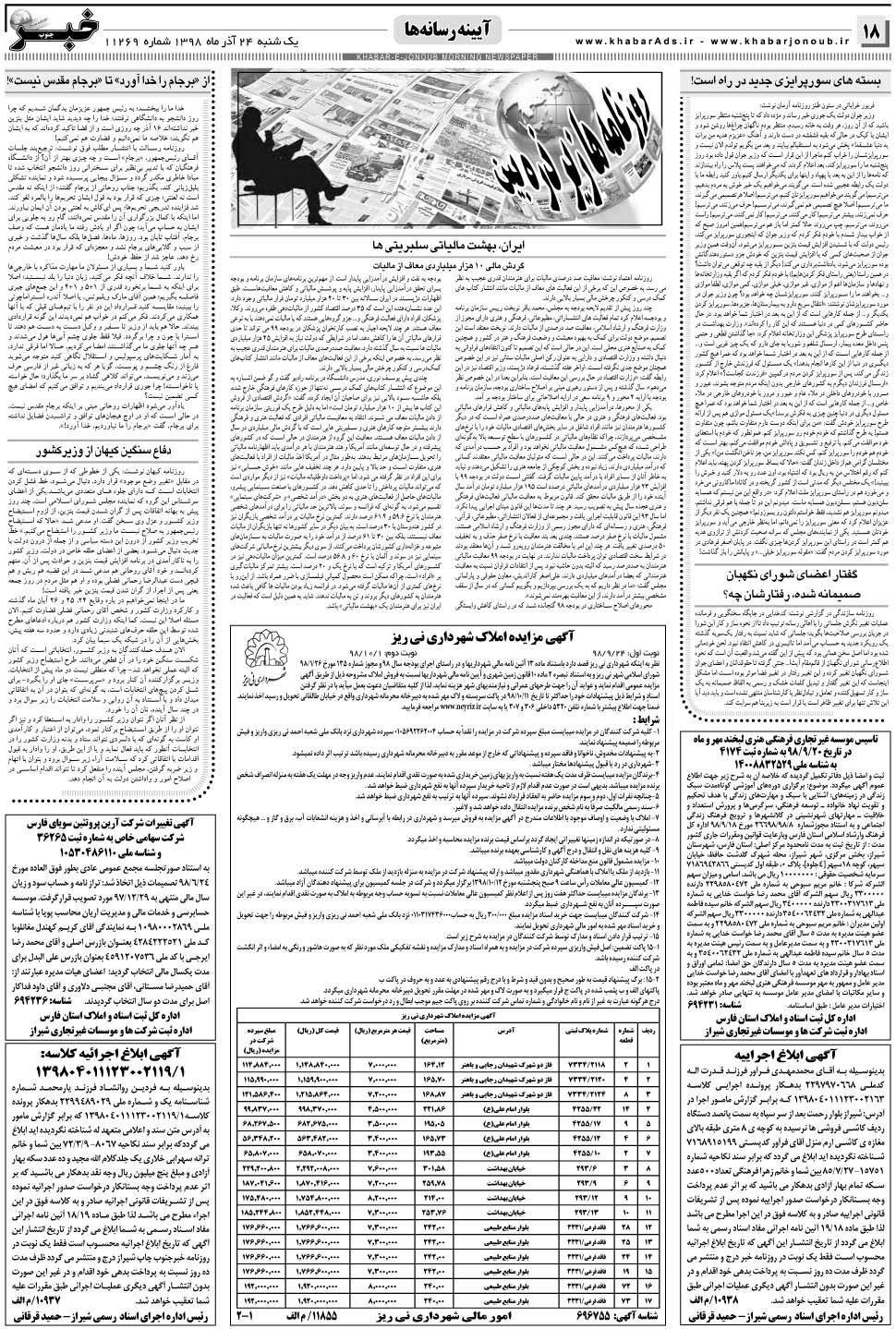 مشاهده صفحه ۱۸ روزنامه خبرجنوب تاریخ ۲۴  سال ۱۳۹۸