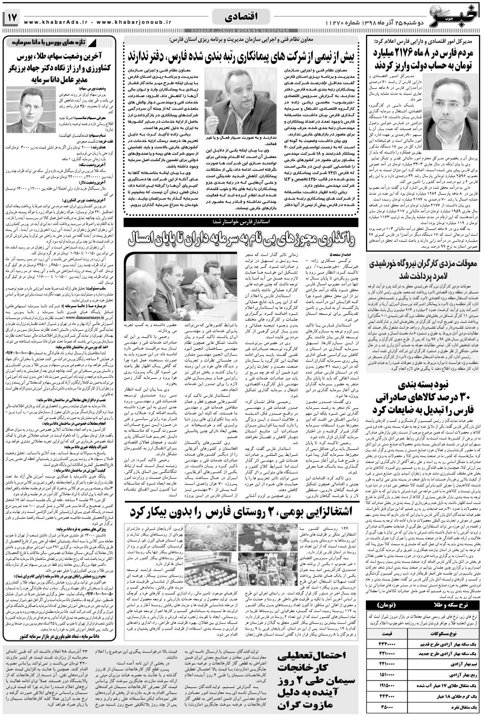 مشاهده صفحه ۱۷ روزنامه خبرجنوب تاریخ ۲۵  سال ۱۳۹۸