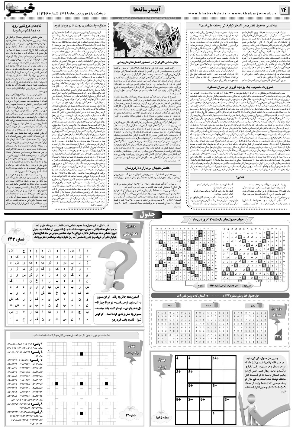 مشاهده صفحه ۱۴ روزنامه خبرجنوب تاریخ ۱۸  سال ۱۳۹۹