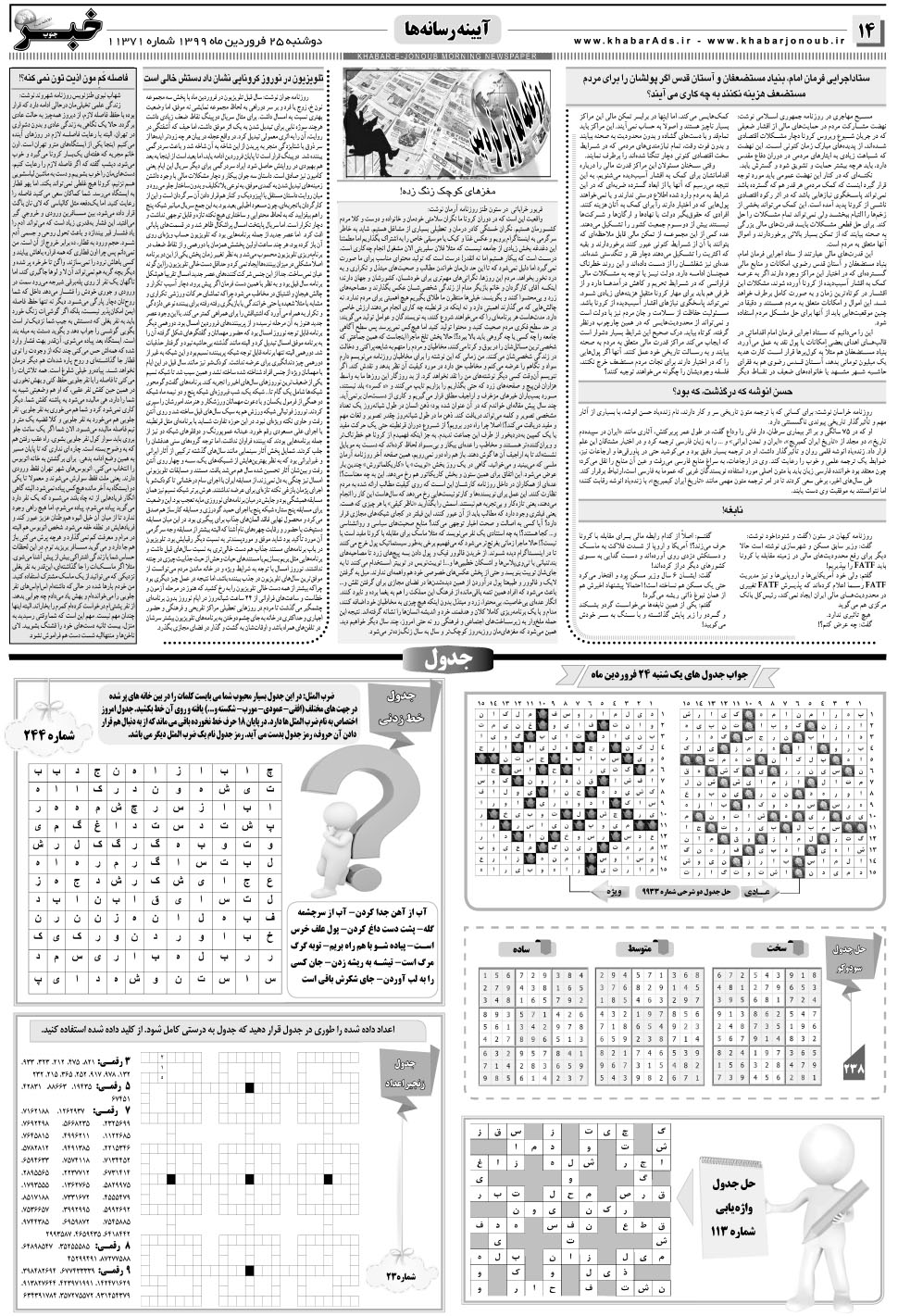 مشاهده صفحه ۱۴ روزنامه خبرجنوب تاریخ ۲۵  سال ۱۳۹۹