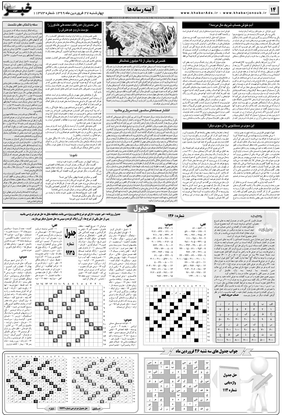 مشاهده صفحه ۱۴ روزنامه خبرجنوب تاریخ ۲۷  سال ۱۳۹۹