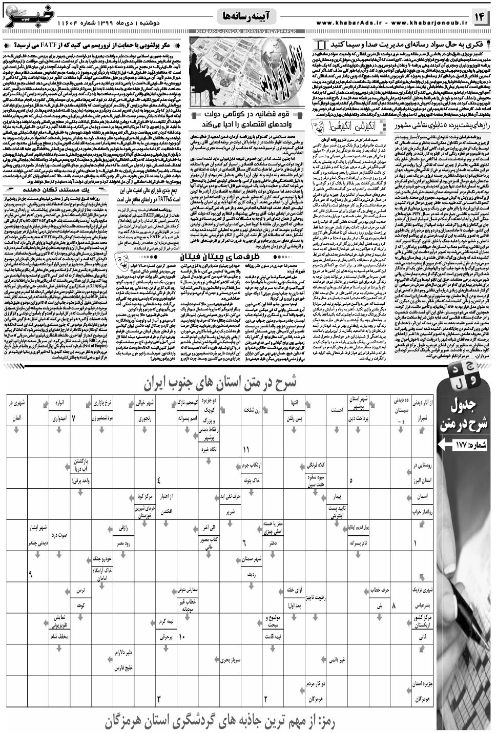 مشاهده صفحه ۱۴ روزنامه خبرجنوب تاریخ ۱ دی سال ۱۳۹۹