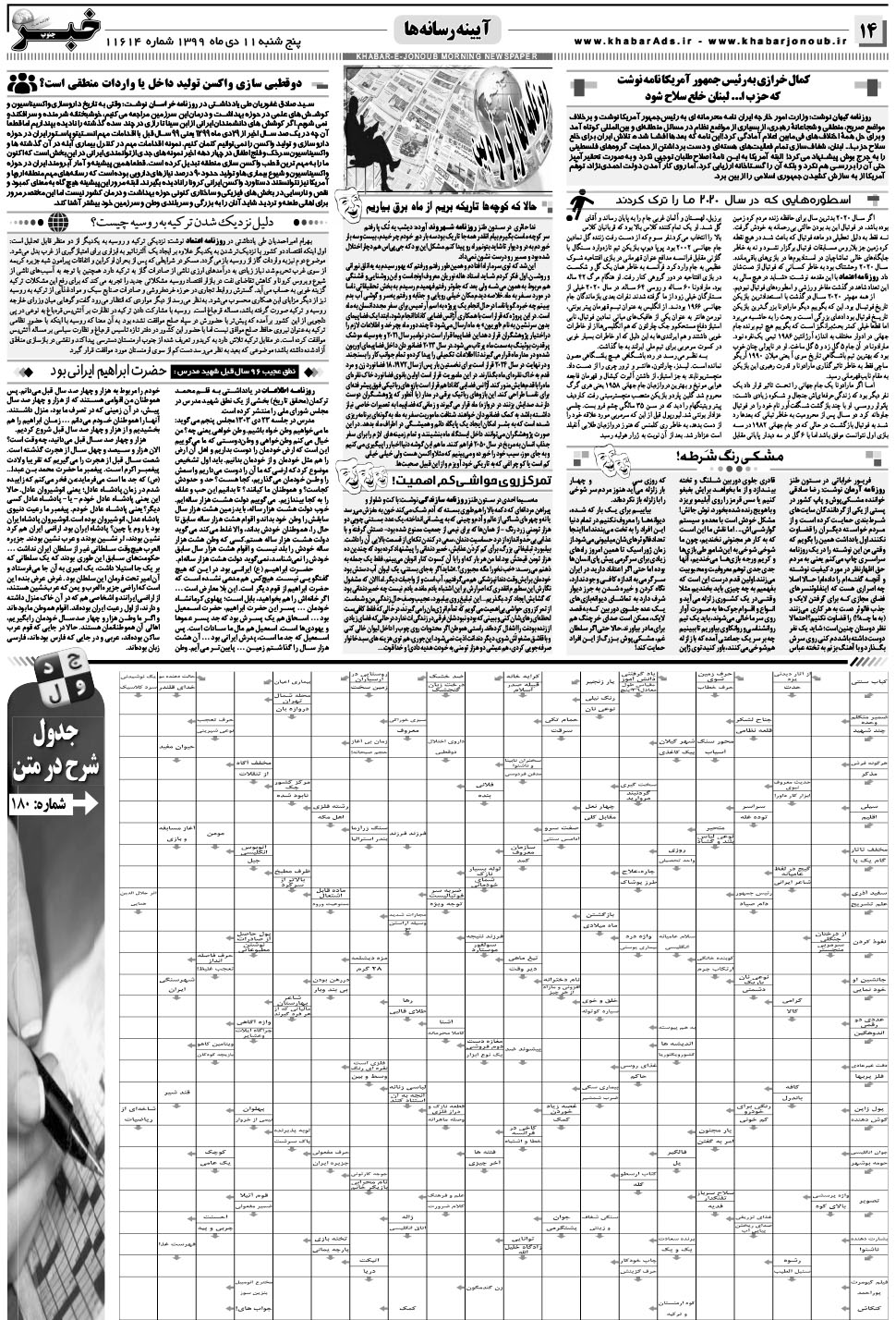 مشاهده صفحه ۱۴ روزنامه خبرجنوب تاریخ ۱۱ دی سال ۱۳۹۹