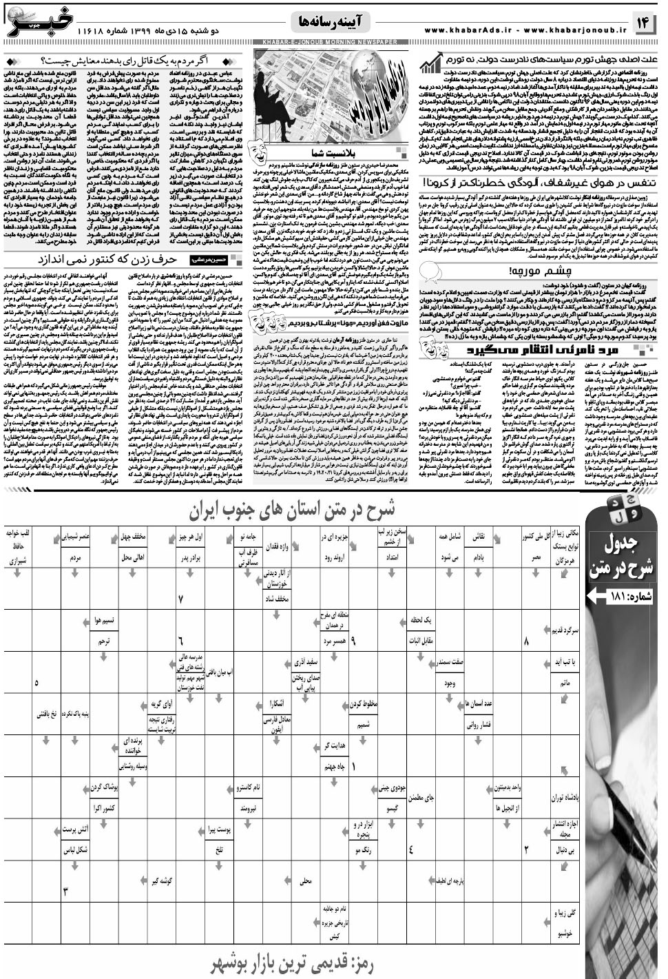 مشاهده صفحه ۱۴ روزنامه خبرجنوب تاریخ ۱۵ دی سال ۱۳۹۹