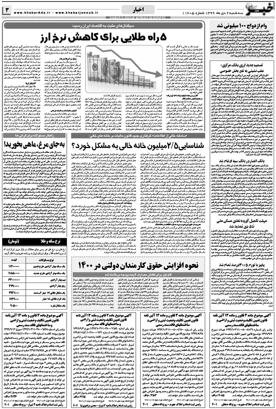 مشاهده صفحه ۳ روزنامه خبرجنوب تاریخ ۲ دی سال ۱۳۹۹