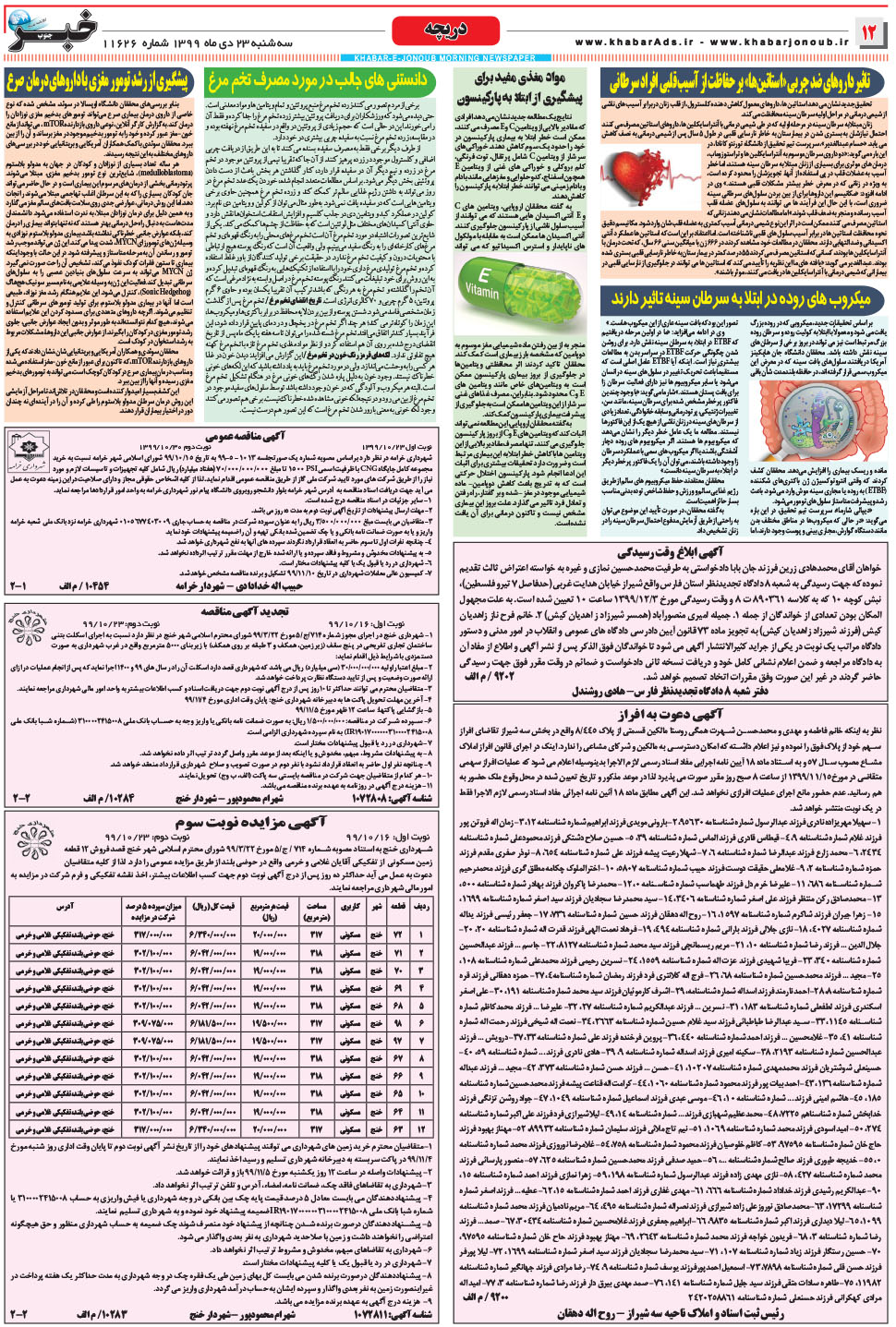 مشاهده صفحه ۱۲ روزنامه خبرجنوب تاریخ ۲۳ دی سال ۱۳۹۹