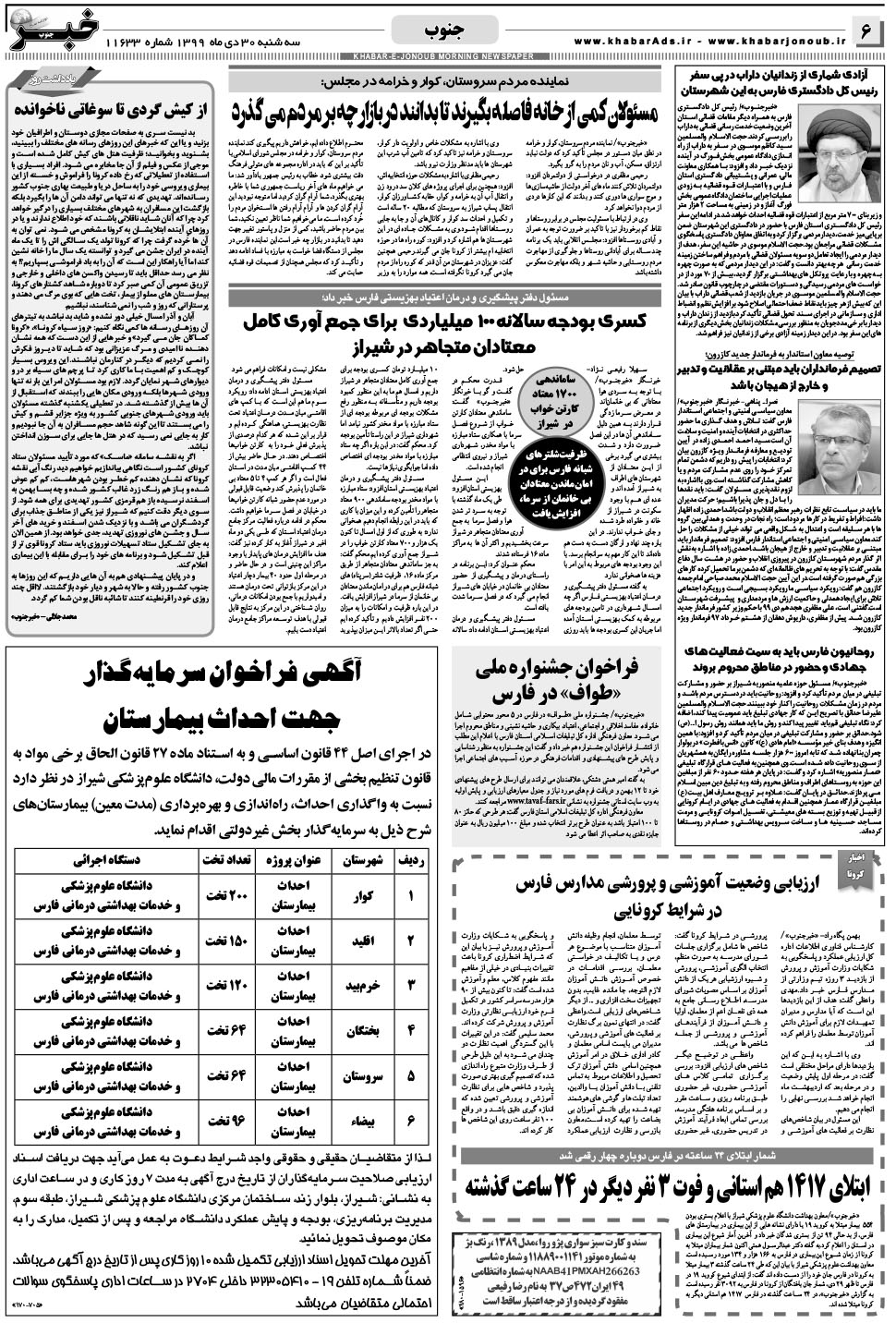 مشاهده صفحه ۶ روزنامه خبرجنوب تاریخ ۳۰ دی سال ۱۳۹۹