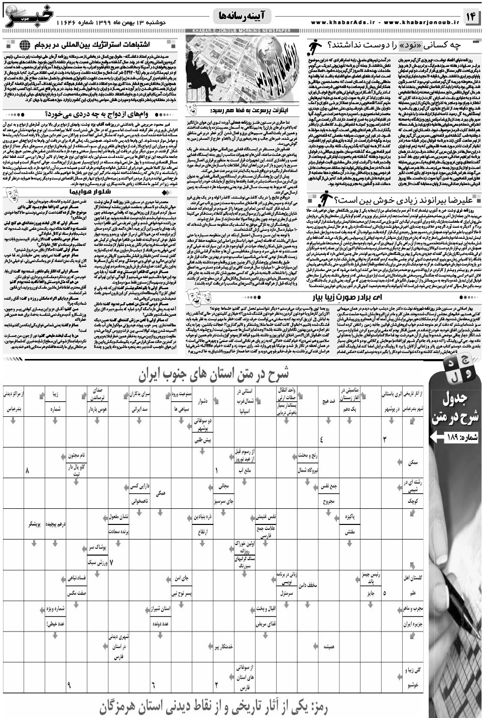 مشاهده صفحه ۱۴ روزنامه خبرجنوب تاریخ ۱۳ بهمن سال ۱۳۹۹