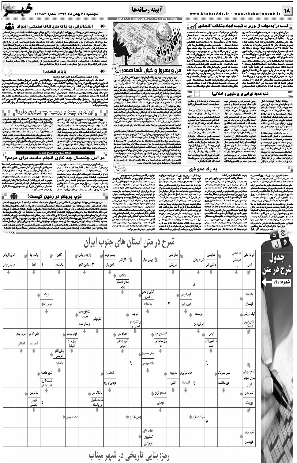 مشاهده صفحه ۱۸ روزنامه خبرجنوب تاریخ ۲۰ بهمن سال ۱۳۹۹