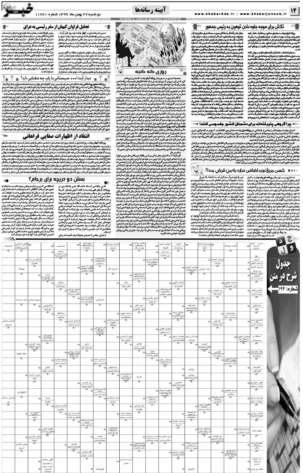 مشاهده صفحه ۱۴ روزنامه خبرجنوب تاریخ ۲۷ بهمن سال ۱۳۹۹