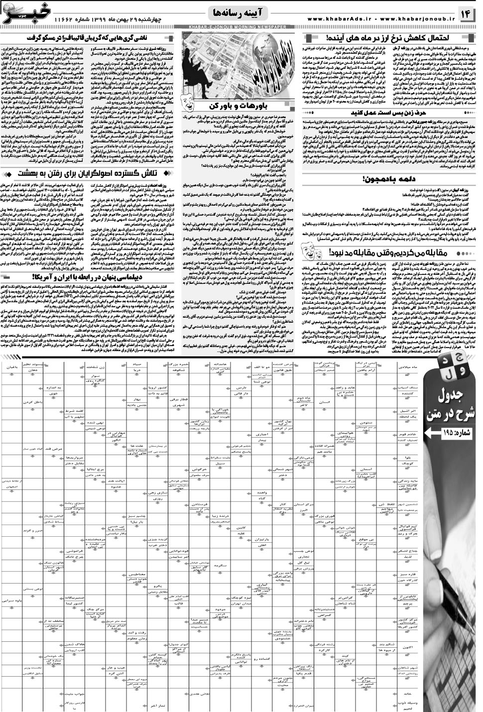 مشاهده صفحه ۱۴ روزنامه خبرجنوب تاریخ ۲۹ بهمن سال ۱۳۹۹