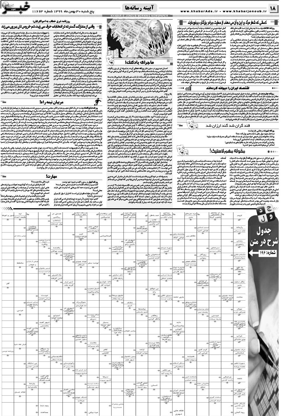 مشاهده صفحه ۱۸ روزنامه خبرجنوب تاریخ ۳۰ بهمن سال ۱۳۹۹