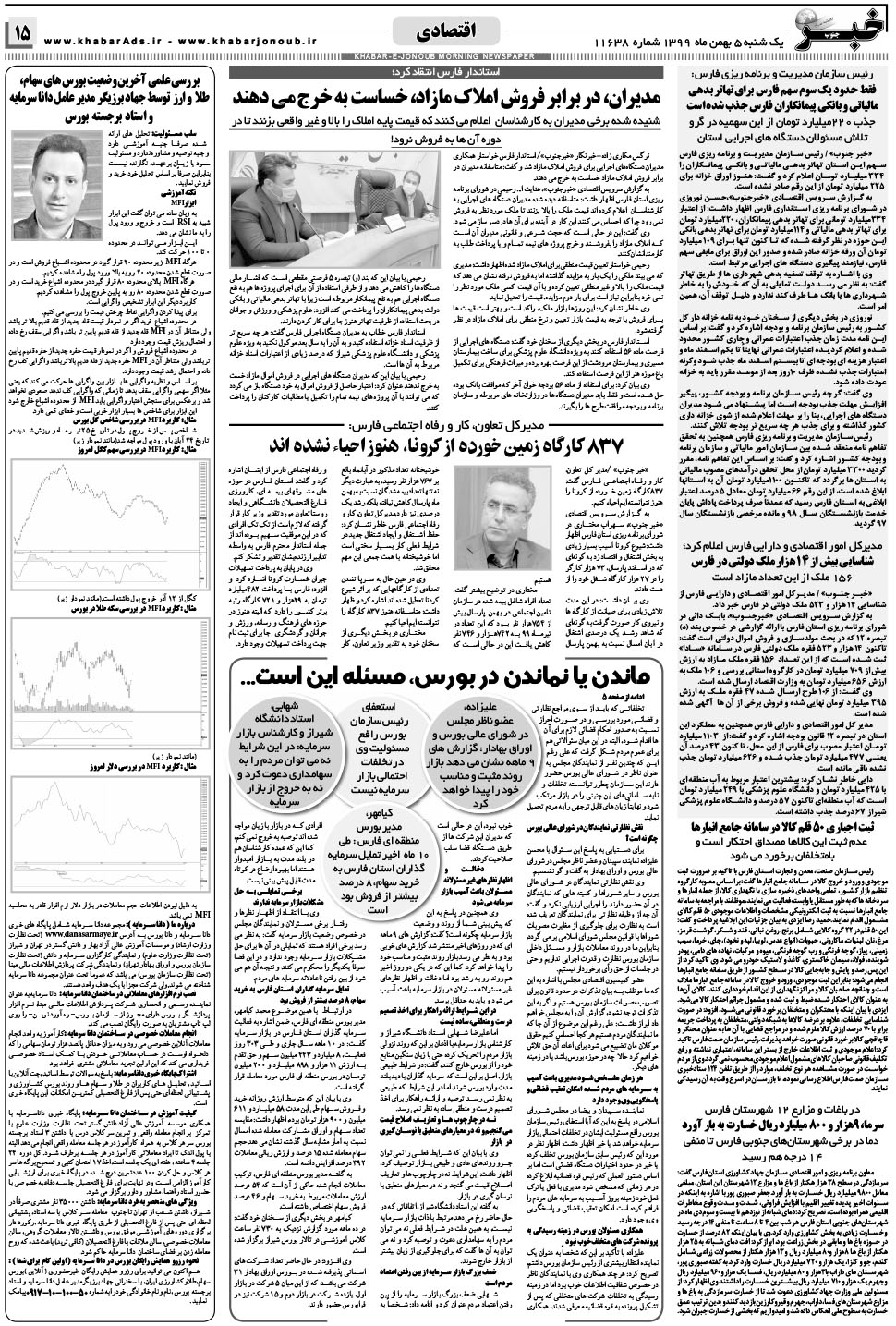 مشاهده صفحه ۱۵ روزنامه خبرجنوب تاریخ ۵ بهمن سال ۱۳۹۹