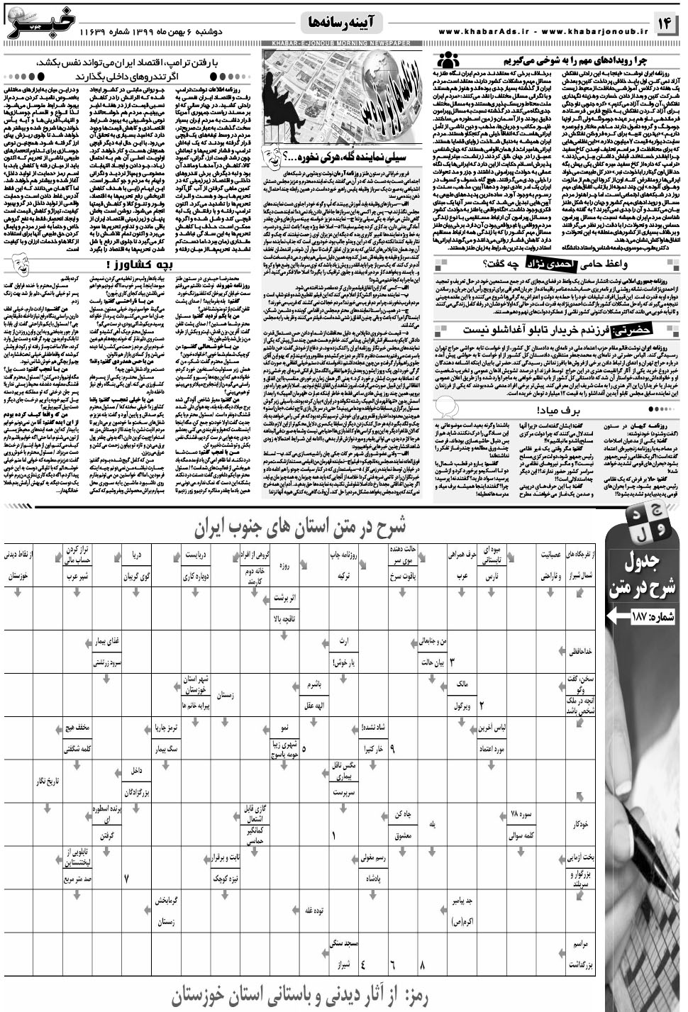 مشاهده صفحه ۱۴ روزنامه خبرجنوب تاریخ ۶ بهمن سال ۱۳۹۹